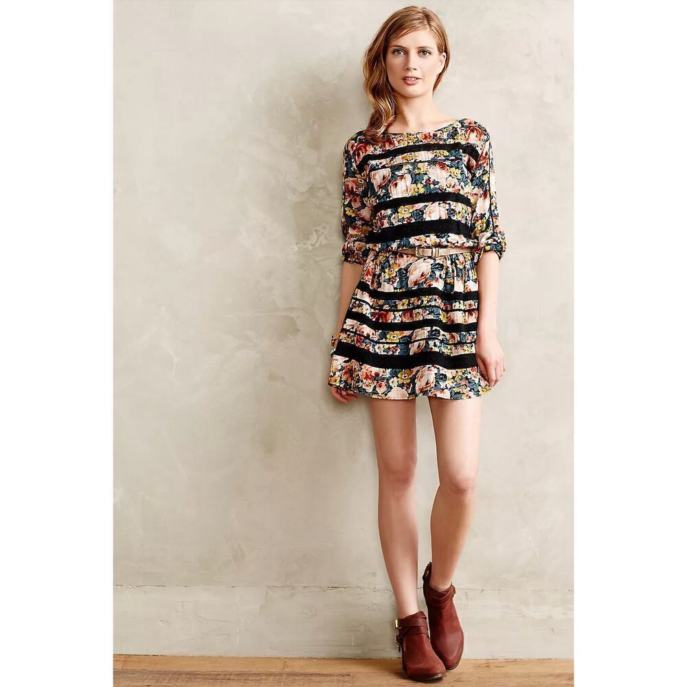 Anthropologie Holding Horses Garden Lace Floral Dress Orange Blue Long Sleeve XS